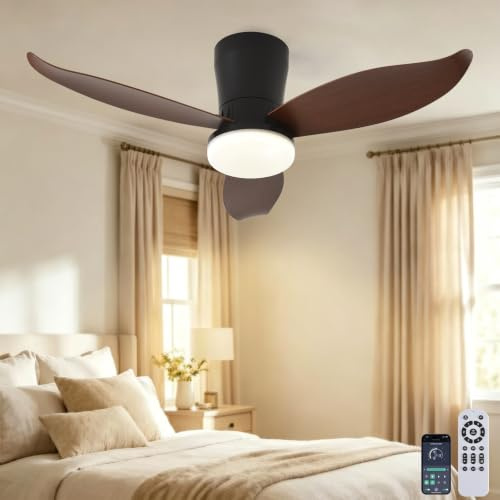 LEONTYNE 37 Ceiling Fan with Light, APP & Remote, Dimmable LED 3000K-6500K | Low Profile, 6 Speed,Quiet Reversible DC Motor, Timer Memory, 18W 1620LM, Fan Light for UK Small Bedroom Kitchen Dining Room