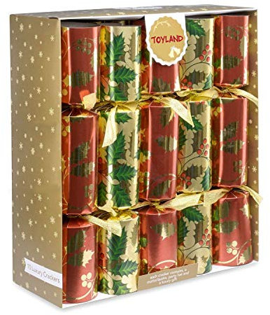 Toyland 10 x Deluxe Große Weihnachtscracker - Rot, Grün und Gold mit Holly Design