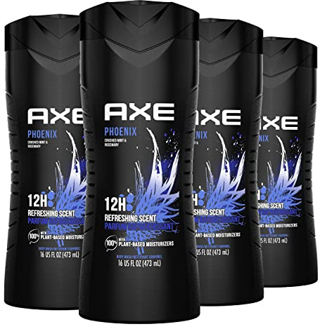 AXE Body Wash Phoenix 4 Count 12h Refreshing Scent Crushed Mint & Rosemary Men's Body Wash with 100% Plant-Based Moisturizers 16 oz