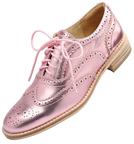 Women's Oxford Shoes Lether Metallic Light Pink Full Brogue Perforated Lace Up Wingtips Vintage Casual Flats Size 7