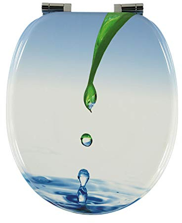Toilettendeckel Wasser Design MDF-Holz WC-Sitz mit Absenkautomatik und verzinkten Scharnieren - Klodckel WC-Brille Klobrille (Blatt mit Wassertropfen)