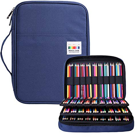 BOMKEE 220 Trous Trousse de Crayon et Grande Capacité Sac à Crayons Multifonction zippée avec poignée Portable Imperméable étui à crayonspour étudiants Enfants Adultes Artiste(Bleu)