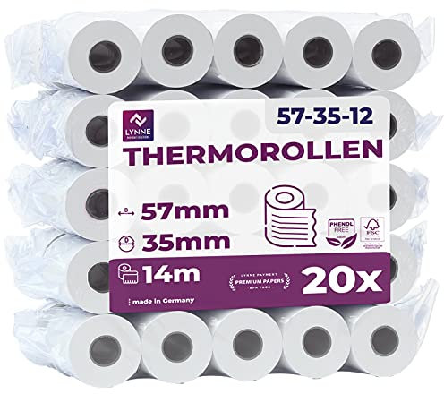 Ec-Cash Thermorollen 57mm x 14m x 12mm - Kassenrollen - Thermopapier - Bonrollen für Bankomat - Kredit-Kartenlesegeräte – mit SEPA-Lastschrifttext (EC-Cash - 57x35x12-14 Meter mit LST - 20 Rollen)