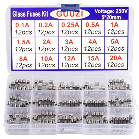 GUUZI 15 Werte 180 Stück 5×20mm 250V Schnellblasglas-Sicherungssortiment-Kit 0,1A/0,2A/0,25A/0,5A/1A/1,5A/2A/3A/4A/5A/8A/10A/12A/15A/20A