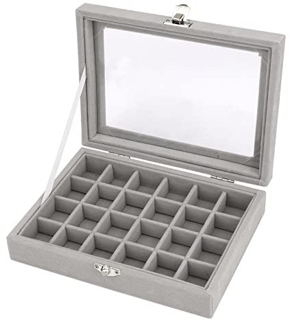 TSLBW Boîte à Bijoux en Velours Organisateur de Bijoux pour Bague Boucle d'oreille Collier Présentoir à Bijoux Boîte de Rangement Vitrine à Bijoux avec Couvercle pour Femme Fille (24 Slot, Grey)