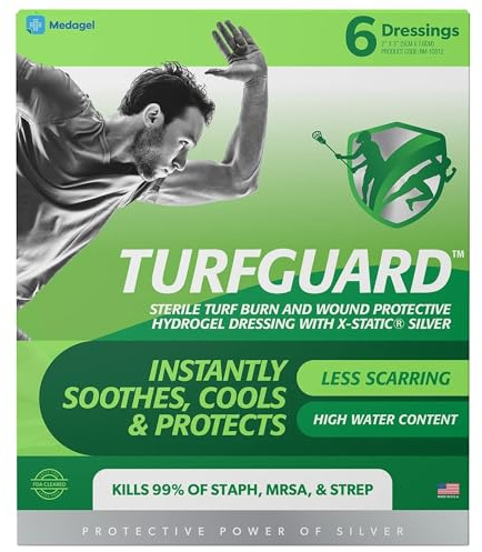 TURFGUARD Hydrogel Turf Burn Dressing with X-Static Silver – Cooling Relief, FDA Cleared, Antimicrobial Protection, & Moist Healing Patch for Burns & Wounds, 2 x 3 Dressings, 6 Pack, by Medagel