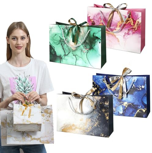 MUFEKUM Geschenktüten, 4 Stück Geschenktaschen mit Henkel und Schleifenbändern, Papiertüten Partytüten, Geschenktüte für Geburtstag Hochzeit Feier Party Baby Showers (mehrfarbig)