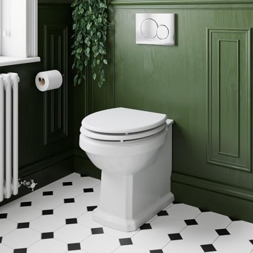 Park Lane® Traditional Bathroom Cloakroom Back to Wall BTW Toilet Space Saving WC Toilets Soft Close Top Fix MDF Seat Oval Pan Ceramic, White Gloss