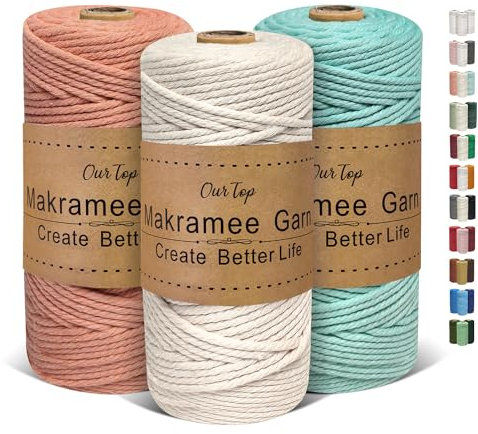 OurTop Premium Makramee Garn 3er Set, 3mm x 100m Macrame Cord Makramee Schnur Makramee Kordel, Garn für DIY Handwerk, Weben Dekoration, Hängepflanze Pflanze Aufhänger(Natur, Wasserblau, Dunkelrosa)