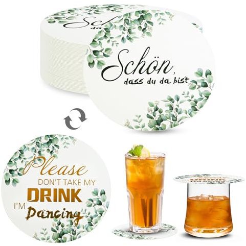 RAFIYU 40 Pcs Posavasos de Cartón Tapete para Cerveza - Schön DASS du da BIST, Posavasos Redondos Vasos de Vidrio Impresos por Doble Cara, como decoración de Mesa para Bodas, cumpleaños y bautizos