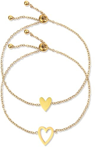 2pcs Matching Heart Bracelets, Gold Plating Delicate Love Friendship Chain Adjustable Jewelry Bracelets Heart Bracelet Set Gift for Women as Prom Accessories Anniversary (Gold)