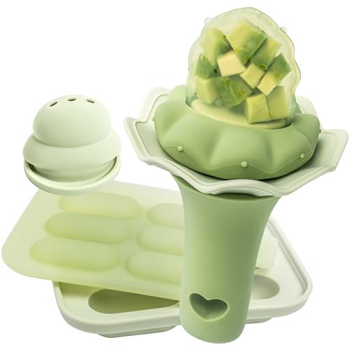 Moonkie chupete de frutas para bebés con bandeja de congelación, 1 piezas, a partir de 4 meses, bolsa de dos tamaños, mango con sonajero, silicona sin BPA