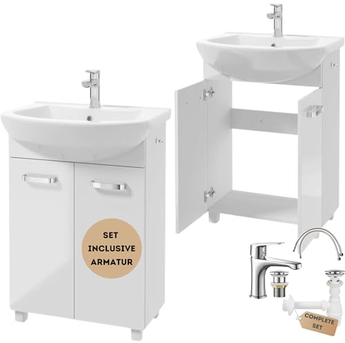 Deftrans Lavabo con mobiletto in piedi, set di mobili da bagno, 85 x 60 x 40 cm, bianco lucido, mobiletto con lavabo e rubinetto con spina a clic, armadietto per bagno