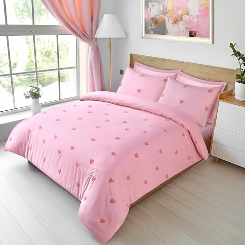 LYMA Bedding Duvet Cover Set Single Heart Tufted, OEKO-TEX Certified, Ultra Soft NanoPlush Double Brushed Quick Dry Fabric Button Closure Wrinkle Fade Resistant Quilt Cover & Pillowcases (Light Pink)