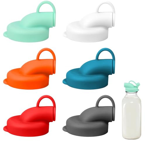 BOXOB 6pcs Silicone Milk Bottle Dispenser Caps, 48mm Diameter Leak Proof Pour Spout Lids Reusable Replacement Cap with Screw Spout Cover for Glass Bottles Milk Jugs Beverages (6 Colors)