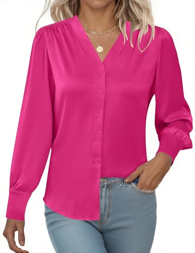 Rapbin Blusas de manga larga con cuello en V para mujer, blusas casuales con botones, camisas de negocios para verano 2025, Rosa Roja, S