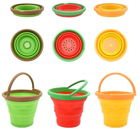 Hyacinthy Faltbarer Strand-Eimer, Silikon-Eimer mit Griff, Obstmuster-Sandkastenspielzeug für Sandstrand, für Camping, Outdoor-Waschen, Reisen, Gartenarbeit (Orange+Rot+Grün)