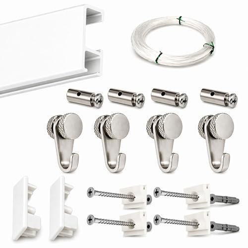 Pack Basic RM para Colgar Cuadros | Barra Guía de 150 cm de Aluminio Blanco | 4 Ganchos Nylon hasta 15 kg | Soporta 35 kg/ml | Incluye Tacos y Tornillos