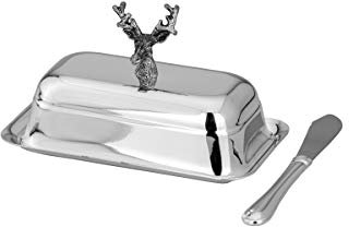 Butterdose Hirsch, mit Glasplatte, Deckel & Buttermesser, für 1/4 - Pfund, versilbert, 13,5 x 8,0cm H 8,5cm, Länge Buttermesser: 13,5cm, Glasplättchen: 10,3 x 4,7cm