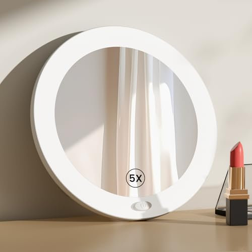 EMKE Espejo cosmético con iluminación con Espejo de Aumento de 5 aumentos, Espejo de Maquillaje LED Blanco con Ventosa, 165 mm de diámetro portátil de Pared Funciona con Pilas
