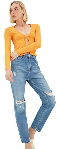 Trendyol Blue Torn Detailed High Waist mom Jeans, 42 De Las Mujeres