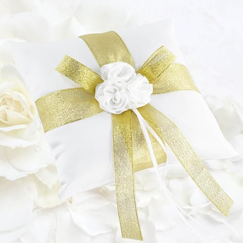 EinsSein Ringkissen Hochzeit Golden Flower 20x20 cm Ivory – Edles Traukissen aus Satin im Vintage Stil | Elegantes Ringkissen für Eheringe, Trauringe & Standesamt Trauung Kirche