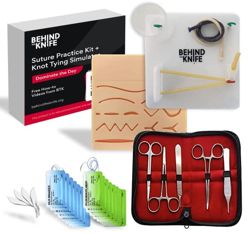 Behind the Knife Practice Kit with How-to Videos for Left and Right-Handed Learners. Includes Pre-Cut Suture Pad, Surgical Instruments, Suture Material, and Multi-Function Knot-Tying Practice Board