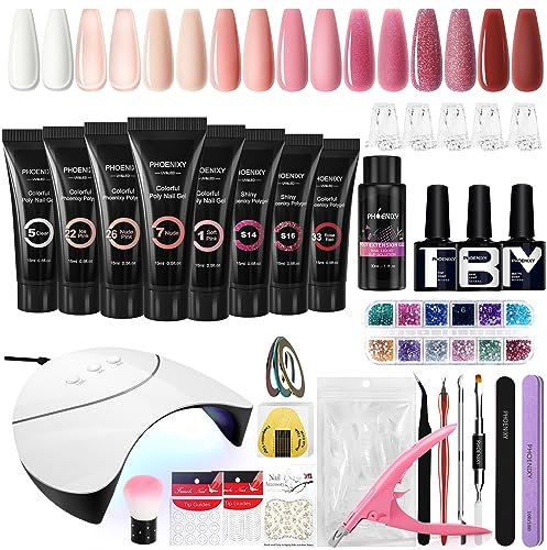 Phoenixy Gel de Extensión de Uñas Completo Set, 8 Colores 15 ML Kit Uñas de Gel con 36W U V/LED Lámpara, Base Top Coat Brillante y Mate Regalos de Nail Art para Principiantes