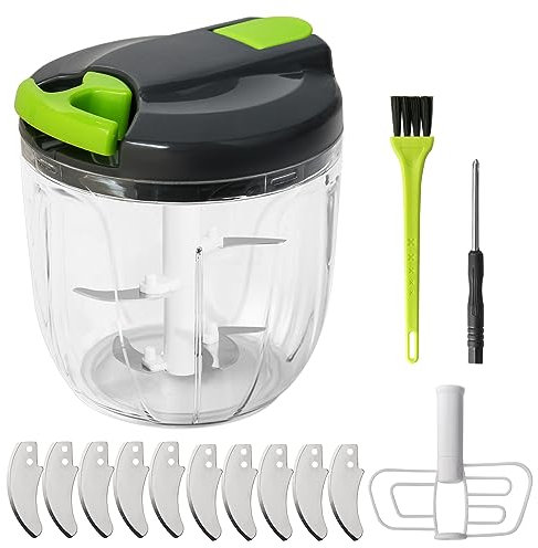 900ml Manual Food Chopper, K Kwokker Manual Food Processor Pull String with 10 Sharp 420 Stainless Steel Blades, Vegetable Chopper Shredder, Onion Slicer Cutter Dicer Grinder with Brush&Screwdriver