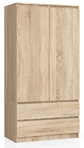 AKORD Armoire 2 Portes | Armoir Chambre 2 Tiroirs avec Etagères et Une Tringle | L90 x H180 x P51 cm | Panneau Stratifié 16mm | Armoire sans Penderie Chambre | Dressing Rangement Placard