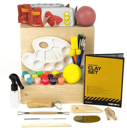 DIBYS Töpfer-Set für Kinder & Erwachsene | Mit Modellier-Werkzeug, Ton lufttrocknend & terracotta, Farbe & Pinsel | Bastel-Set zum Töpfern für Zuhause | Kreativ-Set | Schöne Geschenk-Ideen