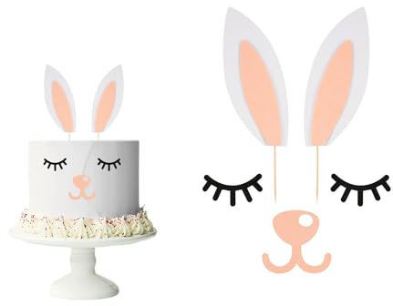 Topper de Gâteau de Lapin, Cake Topper de Pâques avec Oreilles Cils Nez Lapin Cupcake Topper Décoration de Gâteau de Lapin pour Gâteau Fête Prénatale Pâques Anniversaire Printemps