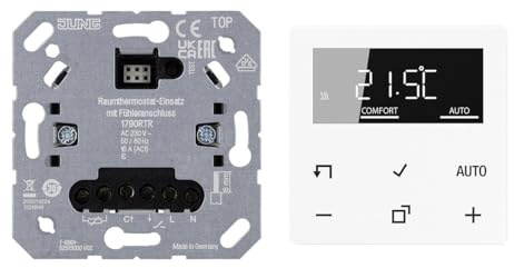 JUNG Home Raumthermostat-Set mit 1790RTR Raumtemperaturregler-Einsatz mit Fühleranschluss + BTA1791WW Raumthermostat-Display Glas Alpinweiß Serie A