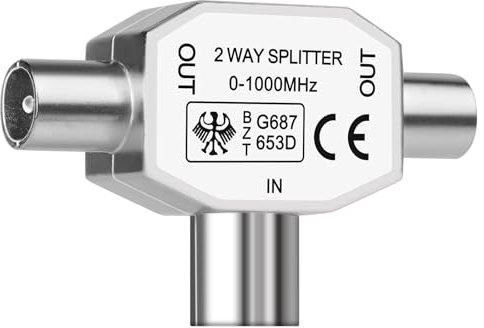 AXFEE Antennen-Verteiler 2 Fach, Antennenverteiler für TV, 1 Buchse auf 2 Koax Stecker, T-Adapter Verteiler Metallgehäuse, T-Kupplung für Digitales TV und Kabel TV, Silber