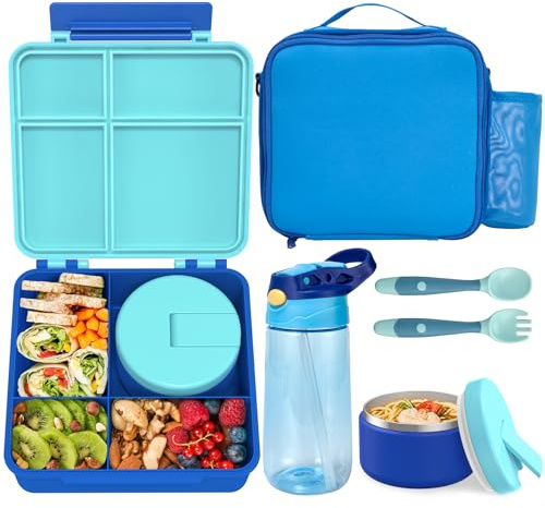 Pawtong Kids Bento Lunch Box with 8oz Soup Thermo, Water Bottle, Kids Leakproof Lunch Food Containers with 4 Compartment, Kids Insulated Hot Food Jar with Lunch Bag for School, Trvael (Blue), Middle