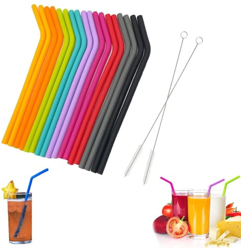 20Pcs Silicone Reusable Straws & Cleaning Brushes, Colorful Drinking Set for Family, Bars, Cafes, Restaurants, BBQ Parties & Celebrations