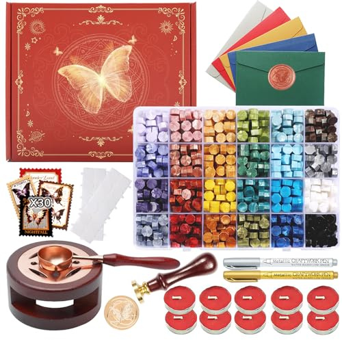 Comealltime Wax Seal Kit with Gift Box, 630 Pcs 24 Color Sealing Beads, Butterfly Stamp, Sealing Wax Warmer, Envelopes, Adhesive Stickers for Gift and Decoration