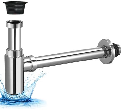 WANDGU Sifone in acciaio inossidabile: sifone universale per lavabo e lavabo, sifone per bottiglie in 1 1/4 con manicotto in gomma e istruzioni, sifone per lavandino con apertura di pulizia,