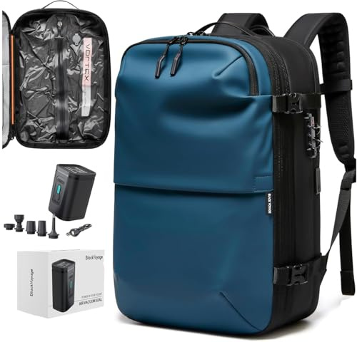 BlackVoyage Vortex Vacuum Seal Travel Backpack 60L Expandable Air Compression System Water Resistant TSA Lock Carry-On Suitcase Luggage Blue AERO - Vacuum Pump Included