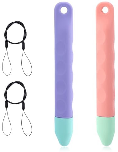 BOXOB 2pcs Kid-Friendly Tablet Stylus with Tethers, Universal Kids Stylus Pens for Touchscreen Compatible with iPad iPhone Kindle Android All Touch Screen Devices (Pink & Purple)