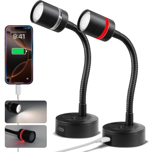 acegoo 12V LED läslampa husbil båt dimbar 4000K & Rött ljus, inbyggd 20W typ-c laddare flexibel svanhals 12 Volt lampa för skåpbil resa släpvagn lastbil bilar interiörbelysning, 2PCS (kort)