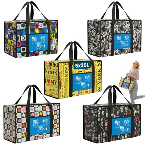 Lot de 5 Grands Sacs Cabas de Courses - 30L - Fermés avec Poignées et Poche Frontale – Sacs d'épicerie réutilisables, Tote bag, Stockage Vêtements – Shopping, Pique-nique, Voyage, Plage @Claudi Home