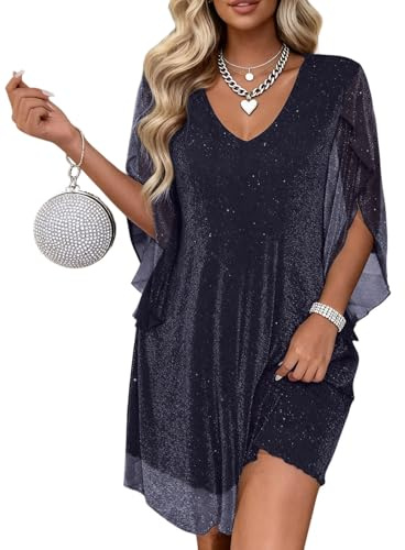 Gettalocky Evening Gowns for Women Formal A Line 3/4 Sleeve Knee Length Chiffon Spring Sequin Elegant Dresses Party,GT00427-Navy,M