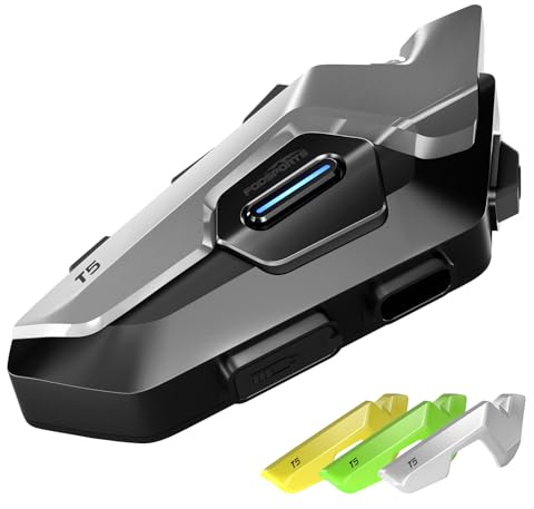 Fodsports T5 Intercom Moto Bluetooth 5.4 avec Assistant Vocal en 9 Langues, Système de Communication Moto avec Partage de Musique, Radio FM, Autonomie de 30 Heures, Étanche IP67, Mains Libres(1 Unité)