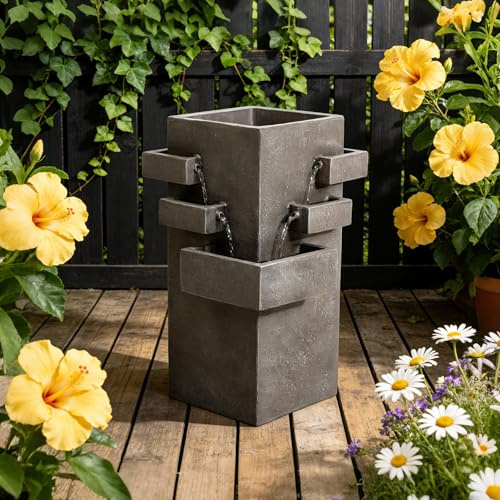28“ Outdoor Water Fountains with Planter, 3-Tiers Square Column Waterfall Fountain, Indoor Morden Floor Standing Resin Water Feature for Garden Patio Backyard Home Decor (Gray)