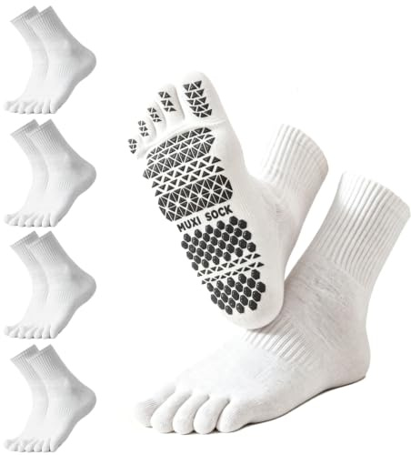 GOZINA Five Toe Socks for Men, 4 Pairs Non-Slip Grip Socks, Pure Cotton Five Finger Sports Socks for Pilates, Running, Gym, Walking & Hiking