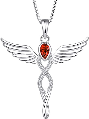 FJ Collier Femme Collier Ailes d'Ange Argent Sterling 925 Pendentif Ange Gardien Pierre de Naissance Janvier Collier Grenat Cubique Bijoux Cadeaux pour Femme Fille
