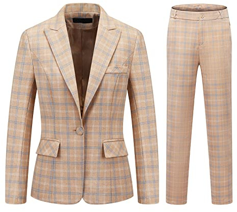 MODFUL Tailleur Femme Ensemble Pantalon Slim Fit 13 Pièces Costume Formelle Classique Bureau pour Business Veste et Pantalon Chic avec Double Boutonnage Bouton(Apricot,XS)