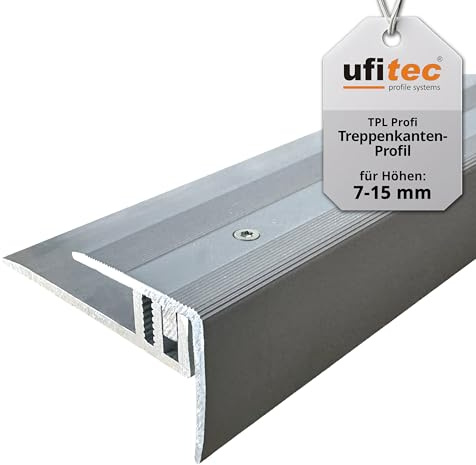 ufitec® TPLprofi 7–16 profilsystem för parkett- och laminatgolv – för belägghöjder från 7–16 mm – många färger finns (trappkantsprofil | 270 cm lång, silver)