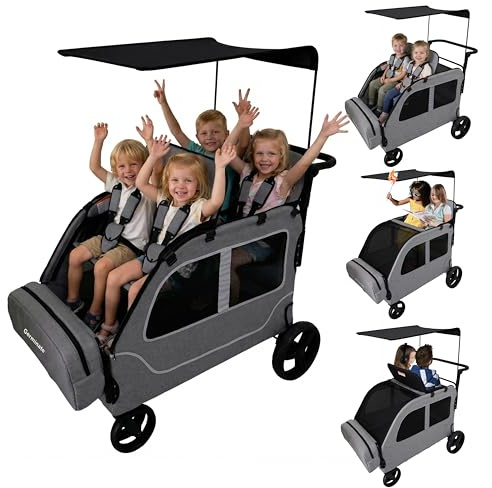 Germinate 4 Seater Wagon Stroller, Large Quad Wagon for 2 3 4 Kids Baby Toddler Child with Seats, All Terrain, Triple Stroller, Adjustable Push/Pull Handles, Removable Canopy (Dark Grey)